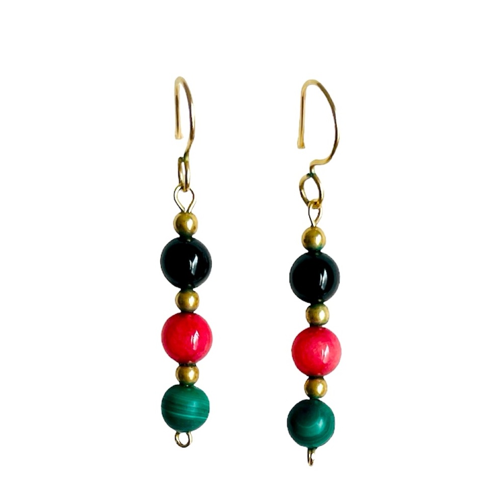 Natural Handmade Tourmaline Garnet & Malachite Beaded Dangle Earrings